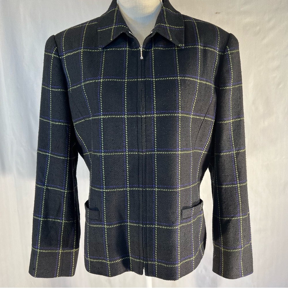 Doncaster Jacket Black 100% Silk W/Purple/Yellow Pinstripes Zipper Plus Size 14👍